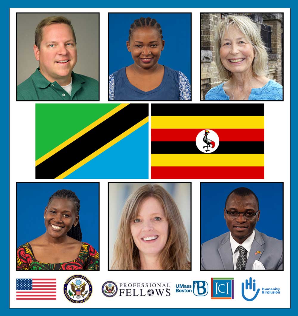 Profile pictures of six individuals, three Americans and three Africans, are aligned with the Tanzanian and Ugandan flags in the center.