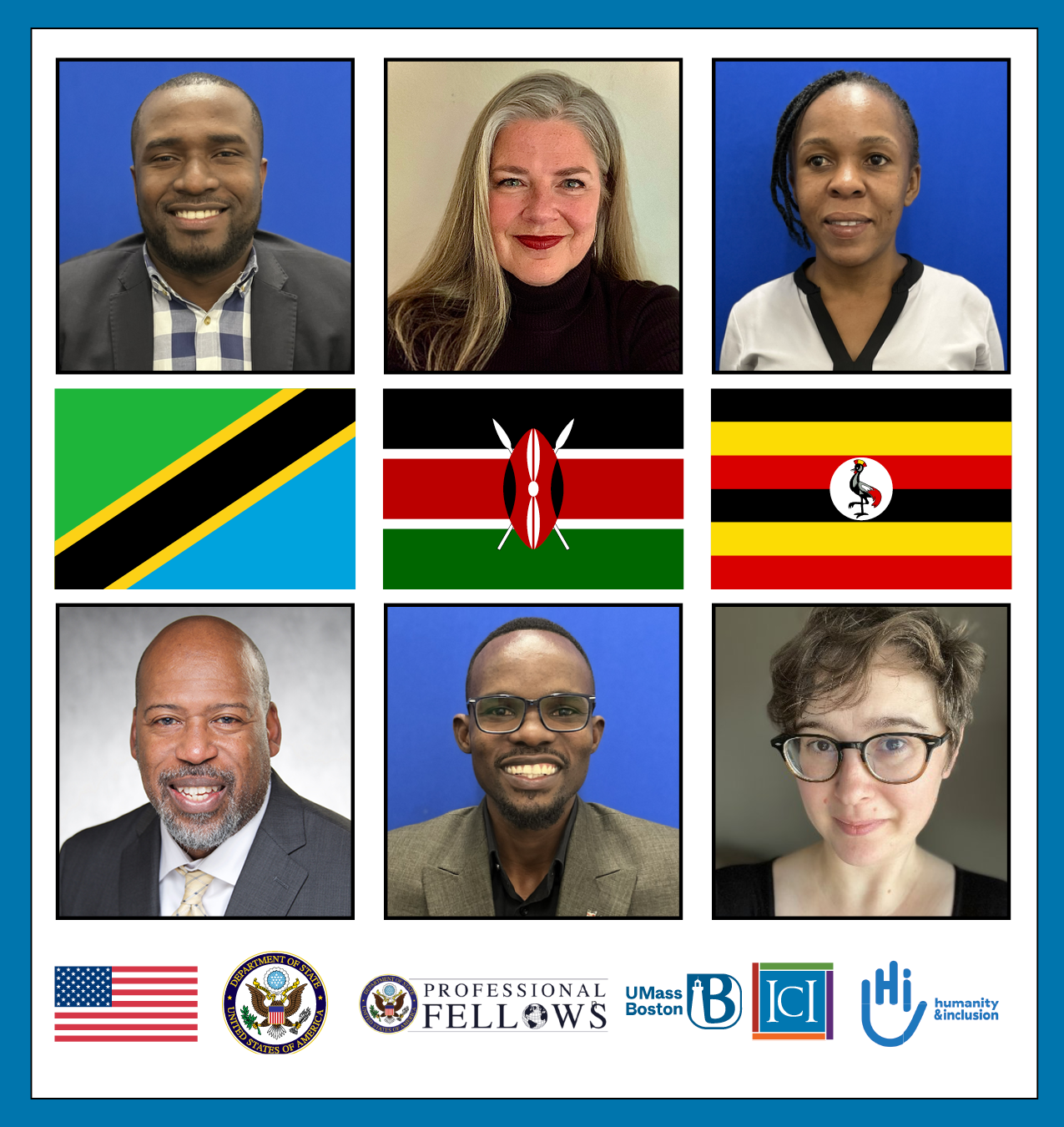 Profile pictures of six individuals, three Americans and three Africans, are aligned with the Tanzanian, Kenyan, and Ugandan flags in the center.
