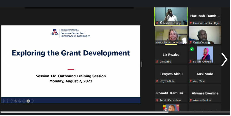 A screenshot of a Zoom video with a PowerPoint slide on the left that reads “Exploring the Grant Development.” On the right are two columns with 12 smaller windows indicating individuals who joined the training session. Wendy is pictured in the window in the first column, second from the top. 