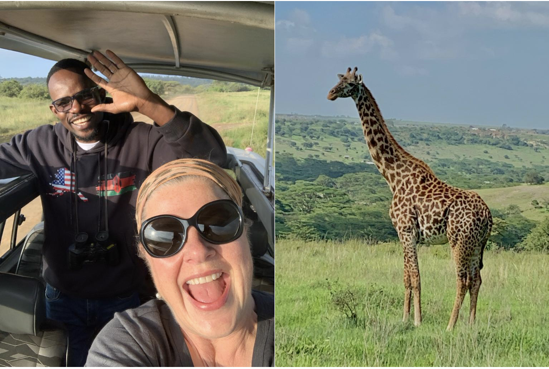 The picture on the left depicts a Kenyan man next to a white American woman in a jeep outdoors. On the right, there is a picture of a giraffe.
