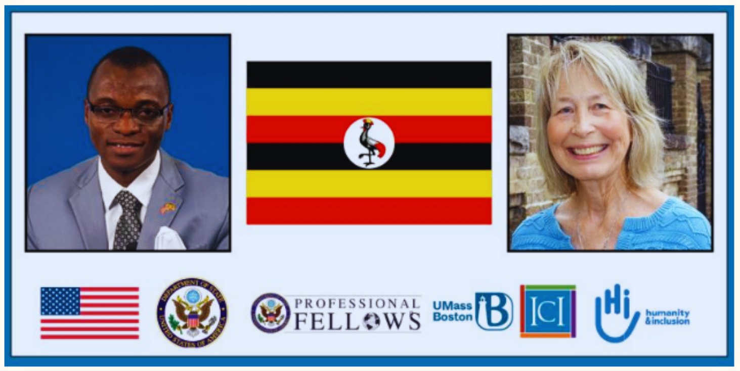 A profile picture of a Ugandan man wearing a suit and glasses is on the left and a white woman from the US on the right. Both are smiling. Between them is a Ugandan flag. A US flag and program logos line the bottom of the image.